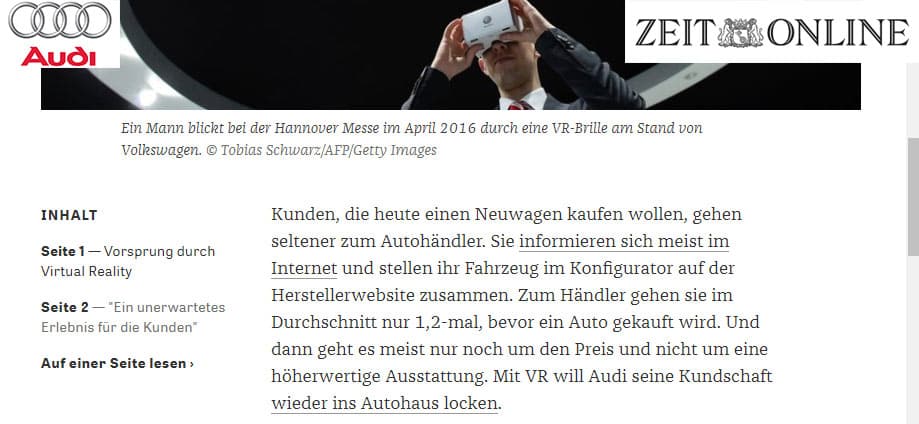 artikel über audi und virtuelle realität für autohäuser von die zeit.de