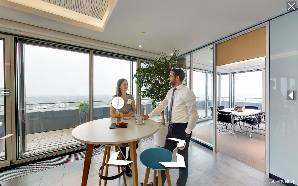 Attraktiver Arbeitgeber virtuelle Szene 360° Unternehmen Einblick. 2 Personen trinken Kaffee im Büro und präsentieren sich mittels 360° Rundgang